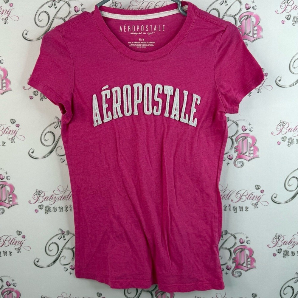Aeropostale T-shirt white 3D logo embroidered Y2K pink Fuchsia Logo Tee